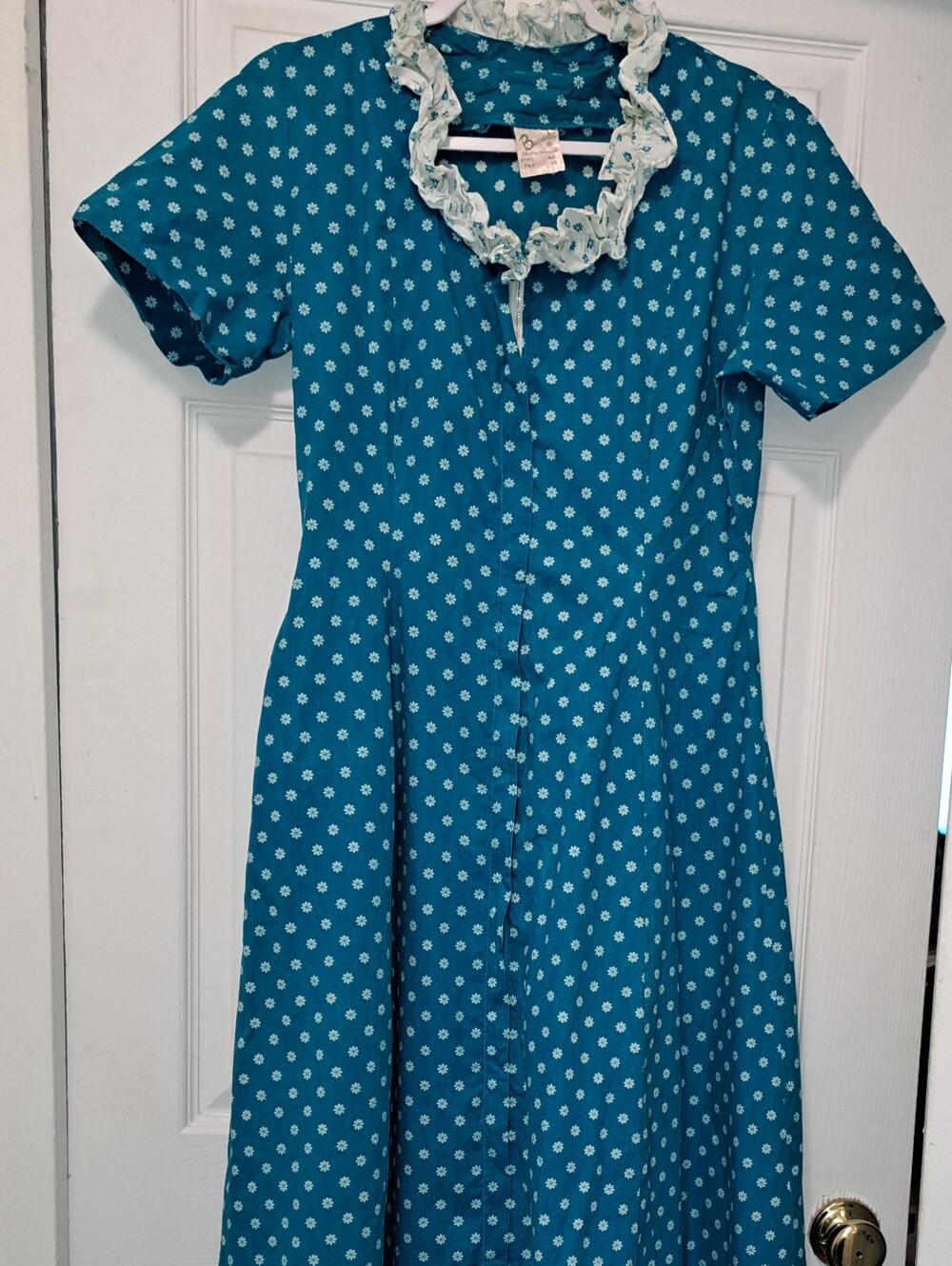 Vintage Teal Floral Print Zip-Front Dress